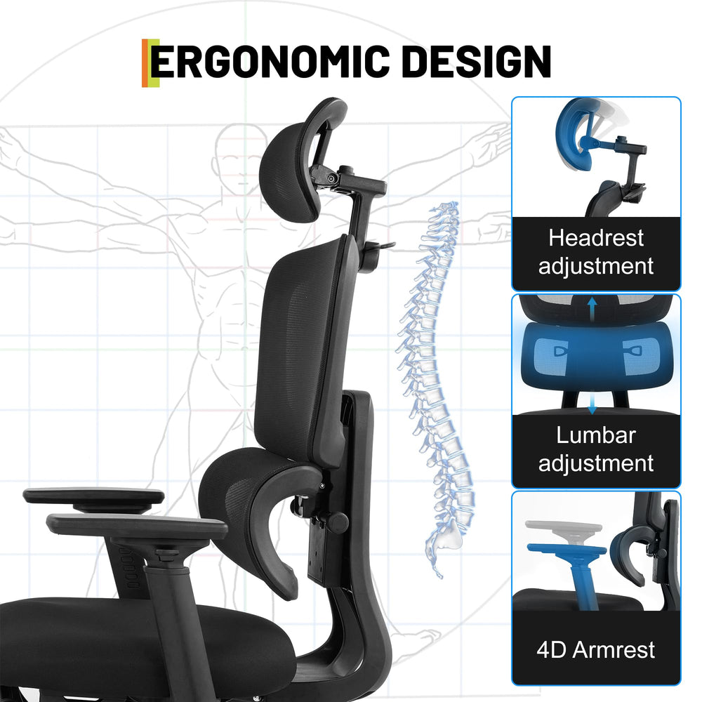 High Back Ergonomic Mesh Office Chair – 400 lbs, 4D Flip-Up Arms, Adjustable Lumbar & Headrest