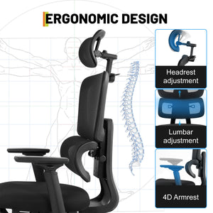 High Back Ergonomic Mesh Office Chair – 400 lbs, 4D Flip-Up Arms, Adjustable Lumbar & Headrest