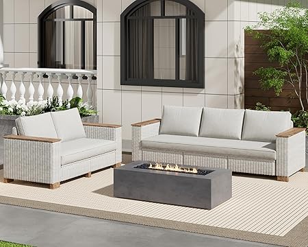 Outdoor Wicker Patio Sectional Sofa Set with Wood Armrests