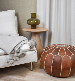 Moroccan Genuine Leather Pouf Ottoman – Cognac Brown