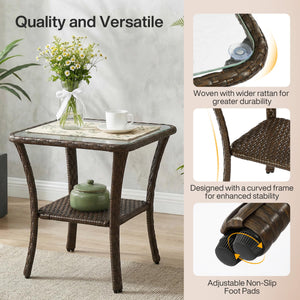 2-Tier Outdoor Wicker Side Table with Tempered Glass Top