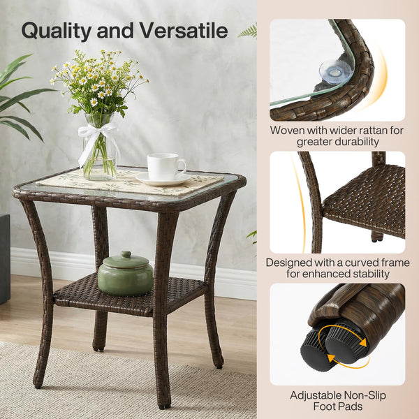 2-Tier Outdoor Wicker Side Table with Tempered Glass Top