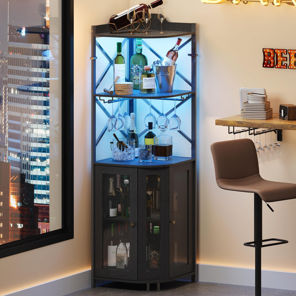 5-Tier Corner Bar Cabinet with LED Lights and Glass Holder