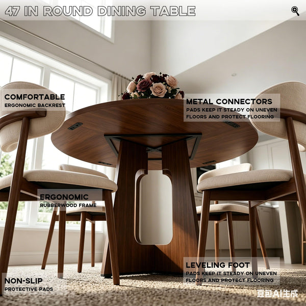 47" Round Dining Table Set for 4 — Walnut & Camel Upholstered Chairs