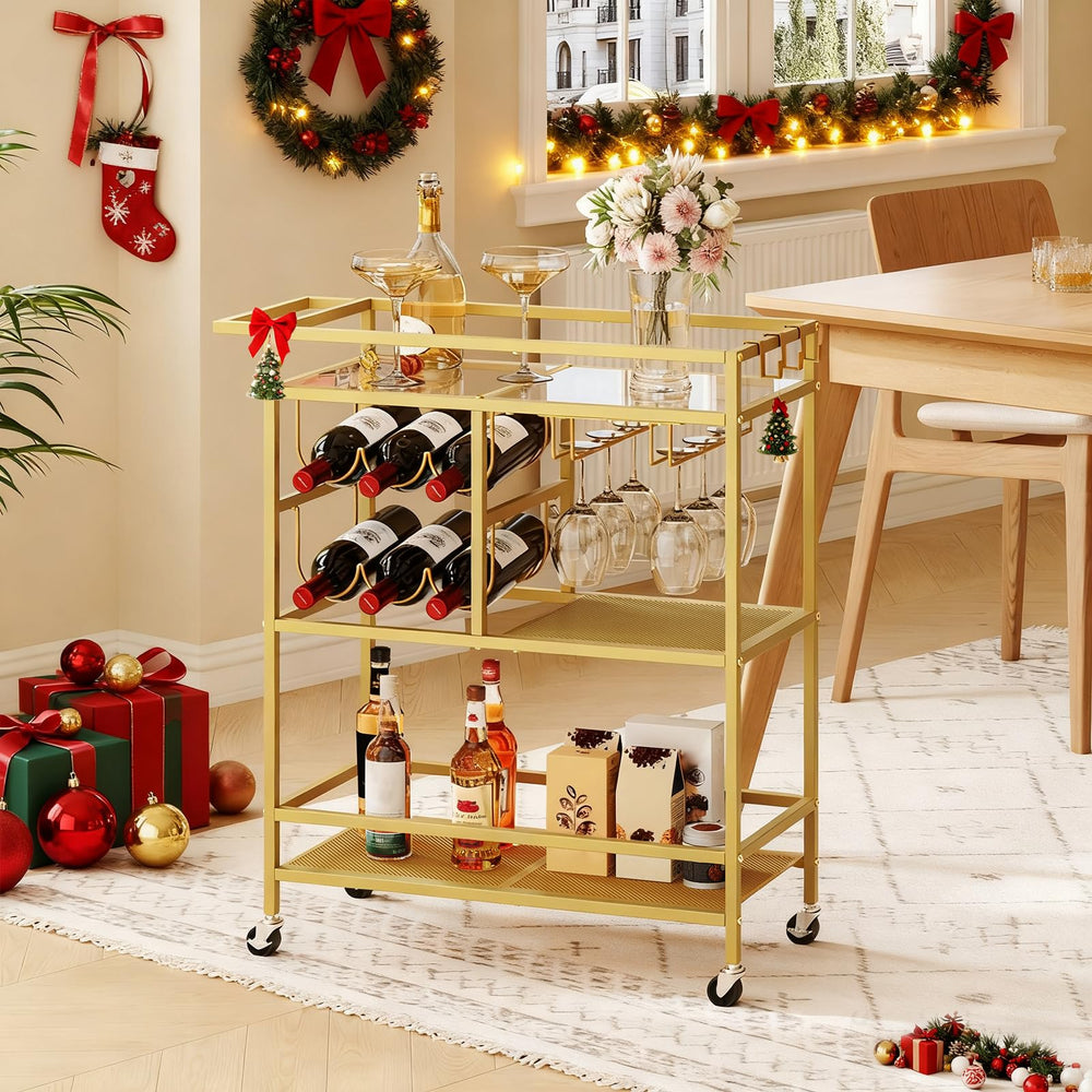 3-Tier Rolling Bar Cart with Wine Rack & Glass Holders