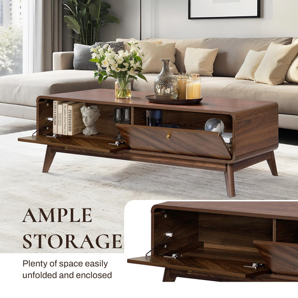 LuxenHome Coffee Table with Storage, 47" Mid Century Modern Coffee Table, Live Edge Coffee Tables for Living Room, Wooden Center Table with Ample Storage Space