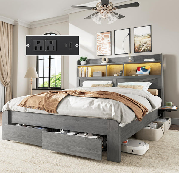 Queen Bed Frame with Storage Headboard, LED Lights & Charging Station