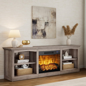70" Fireplace TV Stand with Open Shelves – Rustic Grey