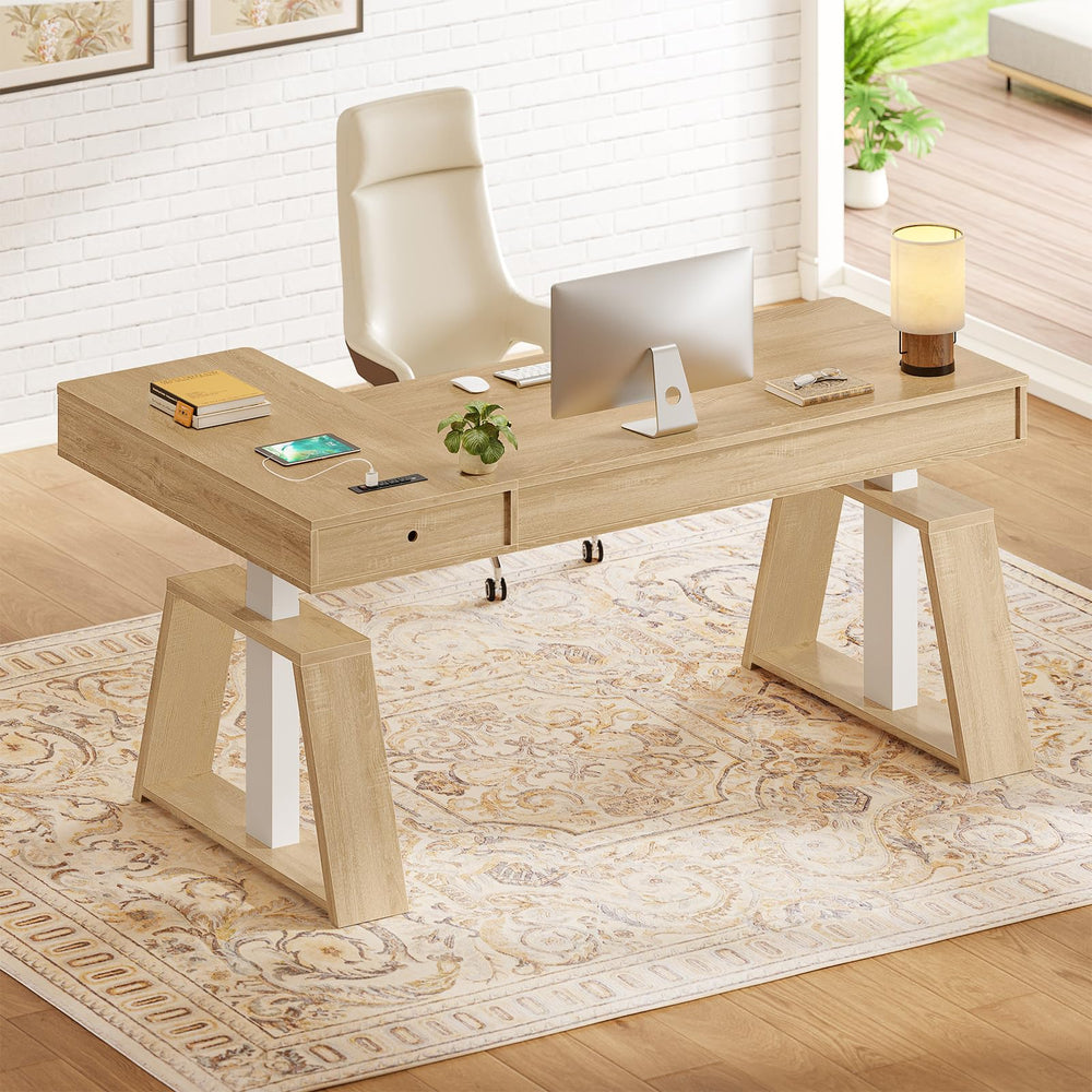 59" L-Shaped Electric Standing Desk with Drawers & Power Outlets