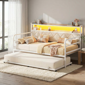 Twin Daybed with Trundle, LED Lights & Charging Station