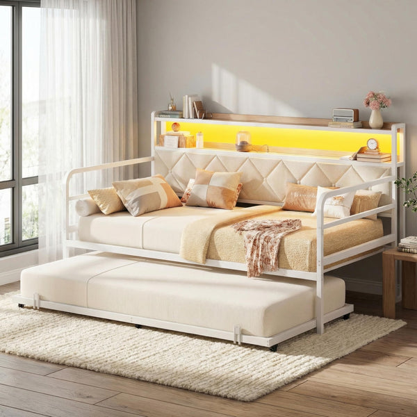 Twin Daybed with Trundle, LED Lights & Charging Station