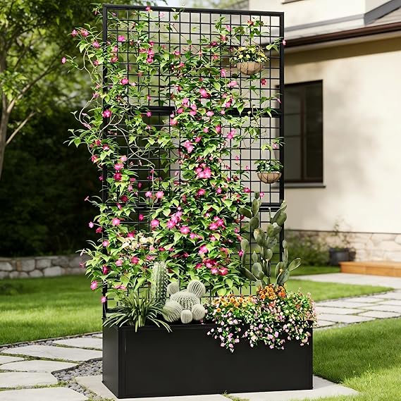 Metal Raised Garden Bed with Trellis & Privacy Screen – Outdoor Planter Box