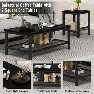 Industrial Coffee Table Set of 3 with 2 End Side Tables