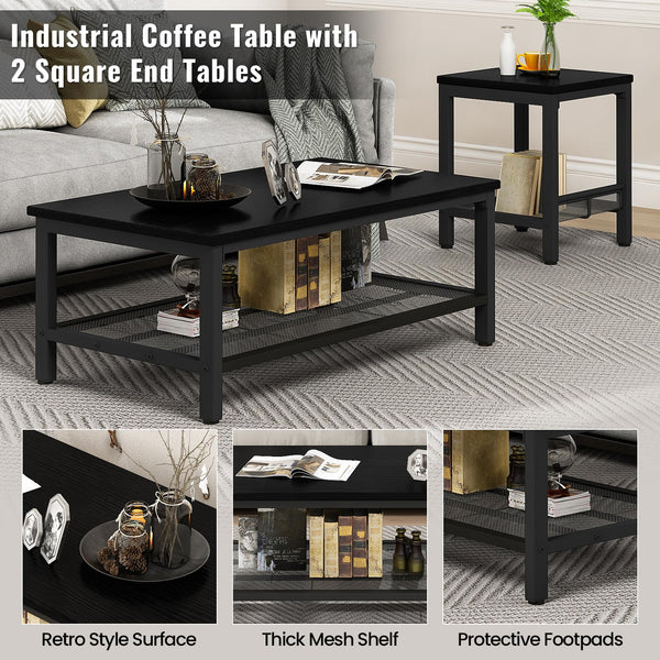 3-Piece Industrial Coffee Table Set with 2 End Tables