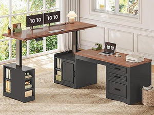 L-Shaped Electric Standing Desk with Drawers, Shelves & Power Outlet – 63" x 67"
