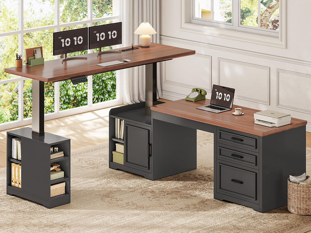 L-Shaped Electric Standing Desk with Drawers, Shelves & Power Outlet