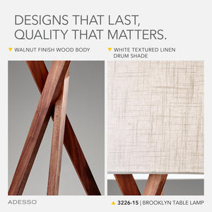 Walnut Tripod Table Lamp with White Linen Shade