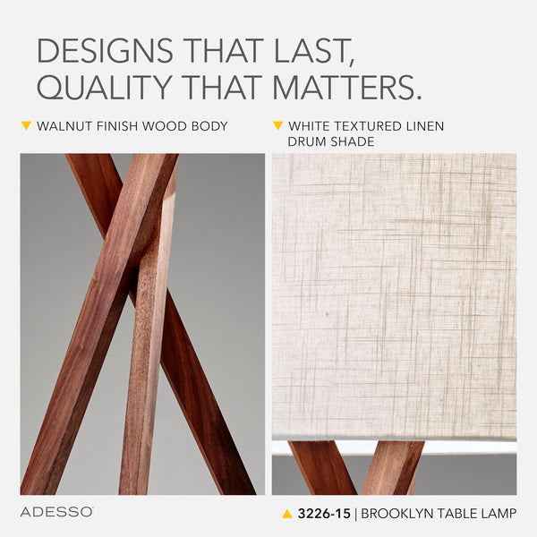 Walnut Tripod Table Lamp with White Linen Shade