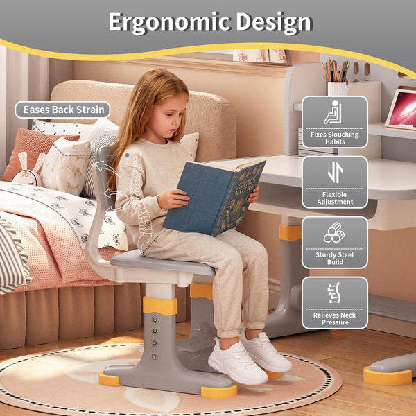 Height Adjustable Kids Desk & Chair Set – Ergonomic, Storage Drawer & Bookshelf, Ages 3–12