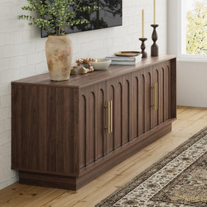 67" Mid-Century Modern TV Stand for 75 Inch TVs – Arched Wood Grain Media Console