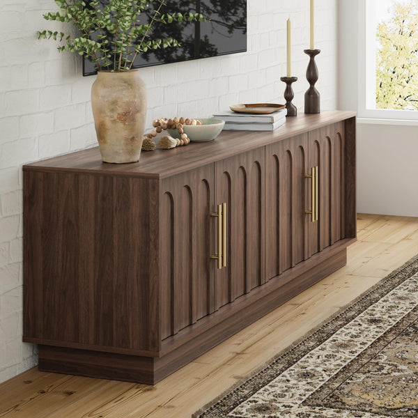 67" Mid-Century Modern TV Stand for 75 Inch TVs – Arched Wood Grain Media Console