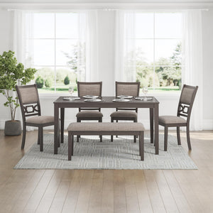 6-Piece Transitional Dining Table Set with Bench and Upholstered Chairs, Seats 6