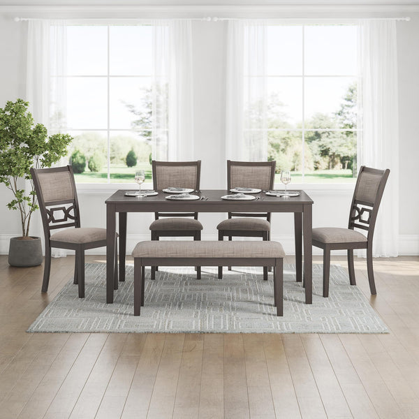 6-Piece Transitional Dining Table Set with Bench and Upholstered Chairs, Seats 6