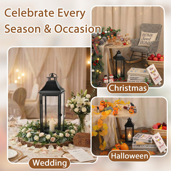 Black Metal Candle Lantern Set of 2 with Glass Panels