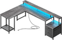 L-Shaped Gaming & Office Desk with LED Lights, Power Outlets, Drawers & Monitor Stand