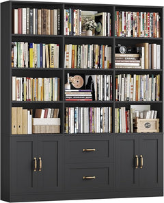 71" Tall Triple Wide Bookshelf with Doors & Drawers