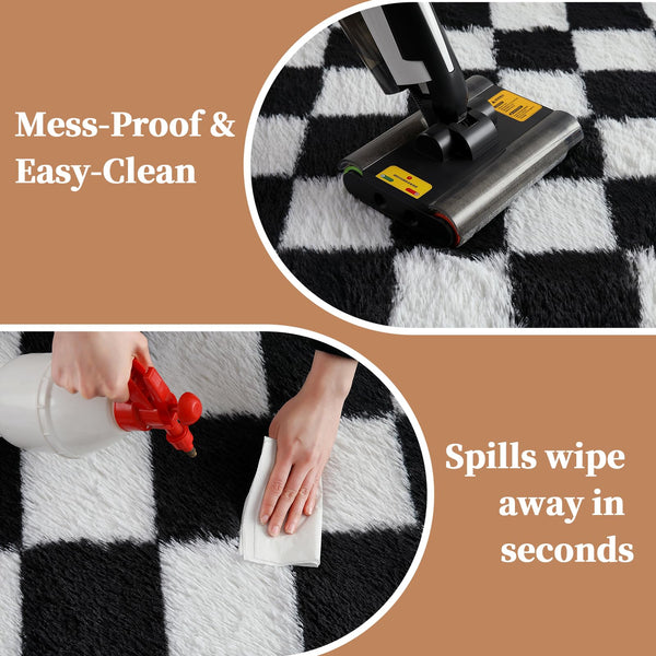 Checkered Shag Area Rug – Black & White Plush Non-Slip Carpet