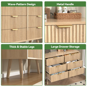 SFDOU Wooden Fluted Dresser for Bedroom,Modern Wide Chest of 6 Drawers Dressers for Bedroom Furniture,Wood Drawer Dresser with Storage, Easy to Assemble Dressers for Living Room,Hallway