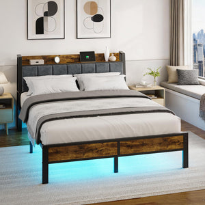 Queen Platform Bed Frame with LED Lights & USB Charging
