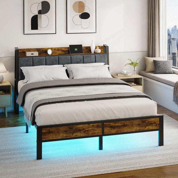Queen Platform Bed Frame with LED Lights & USB Charging