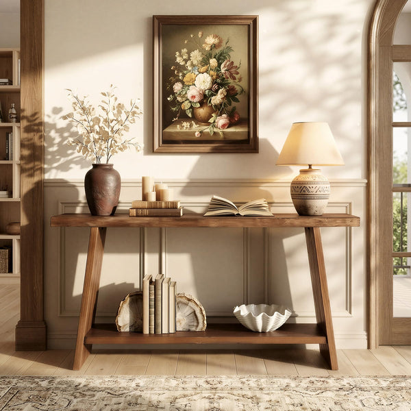 62.99" Solid Wood Console Table with 2-Tier Storage Shelf