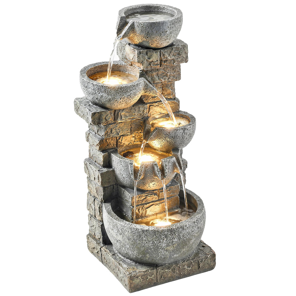 Outdoor Water Fountain with LED Lights – 5-Tier Cascading Waterfall, 31.5" Tall, Stone Gray