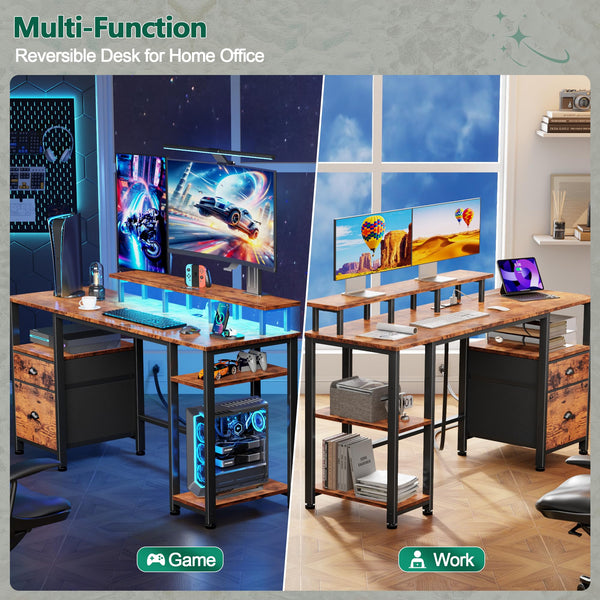 Gaming & Home Office Computer Desk with Power Outlets, LED Lights & Monitor Stand