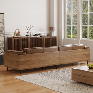 Mid-Century Modern Leather Sofa 3-Seat with Wooden Accents, Brown