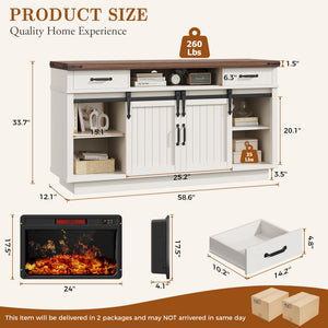 Farmhouse Electric Fireplace TV Stand with LED Light & Sliding Barn Door