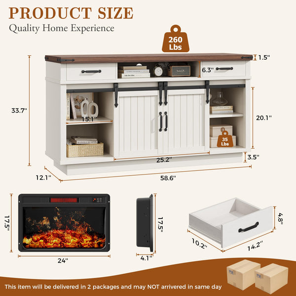 Farmhouse Electric Fireplace TV Stand with LED Light & Sliding Barn Door