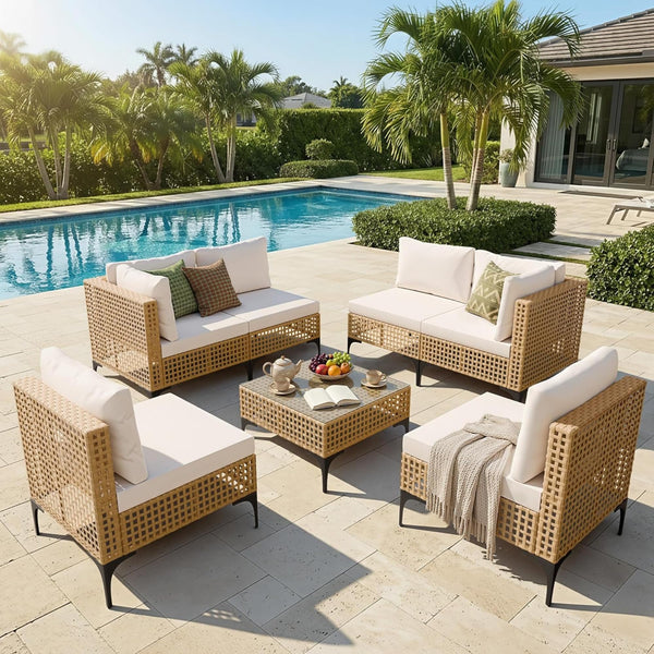7-Piece Outdoor Wicker Sectional Sofa Set with Coffee Table