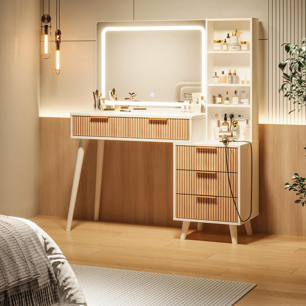 44-Inch Lighted Makeup Vanity Desk with Mirror & Power Outlet