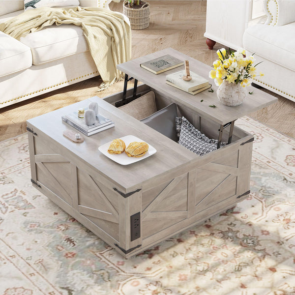 Farmhouse Lift Top Coffee Table with LED & USB-C