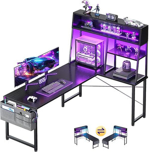 L-Shaped Gaming Desk with LED Lights and Display Shelves