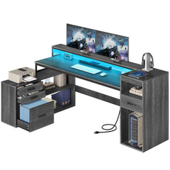 59" L-Shaped Desk with Drawers, File Cabinet, LED Lights & Power Outlets