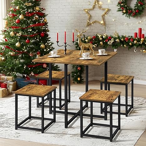 3-Piece Industrial Dining Table Set with 2 Stools