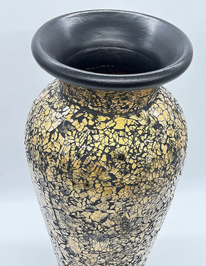 18 Inch Tall Mosaic Floor Vase – Crackled Gold & Black Terracotta Cylinder