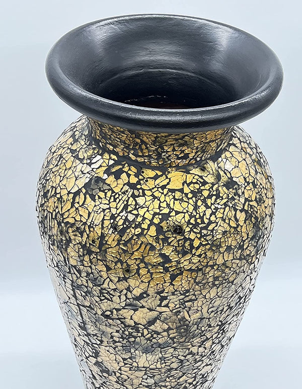 18 Inch Tall Mosaic Floor Vase – Crackled Gold & Black Terracotta Cylinder