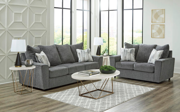 Gray Loveseat with Flared Arms & Accent Pillows