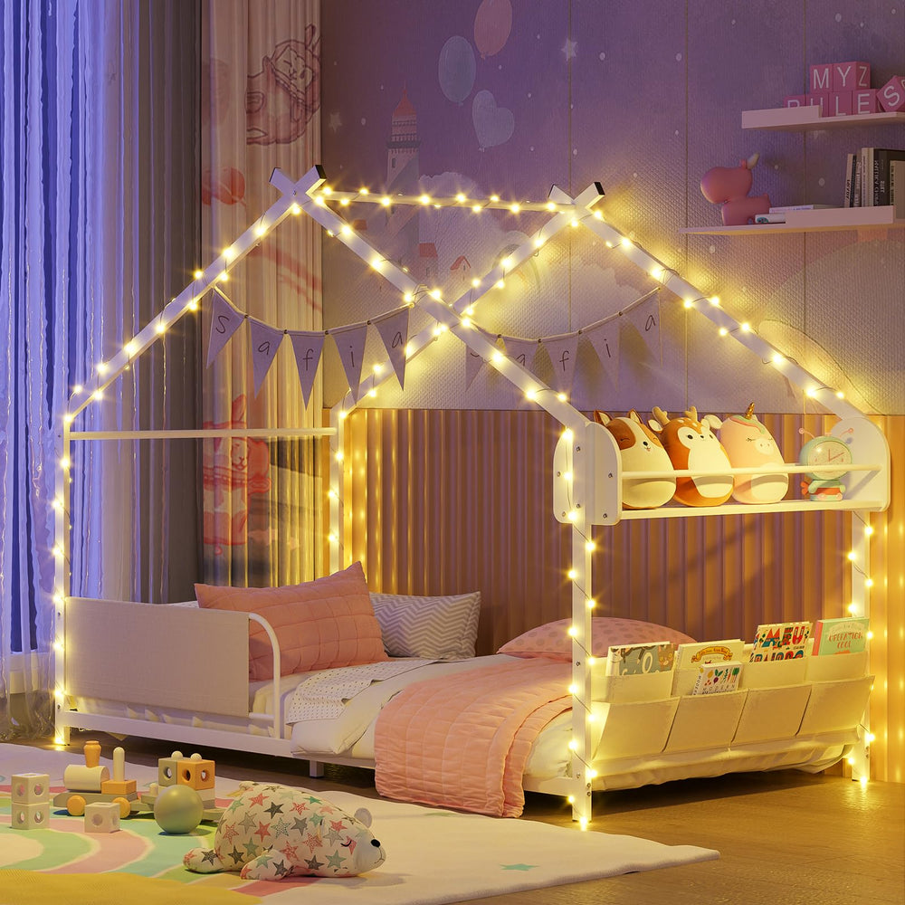 Kids House Bed Frame Twin Size with Storage Rack and Caddy